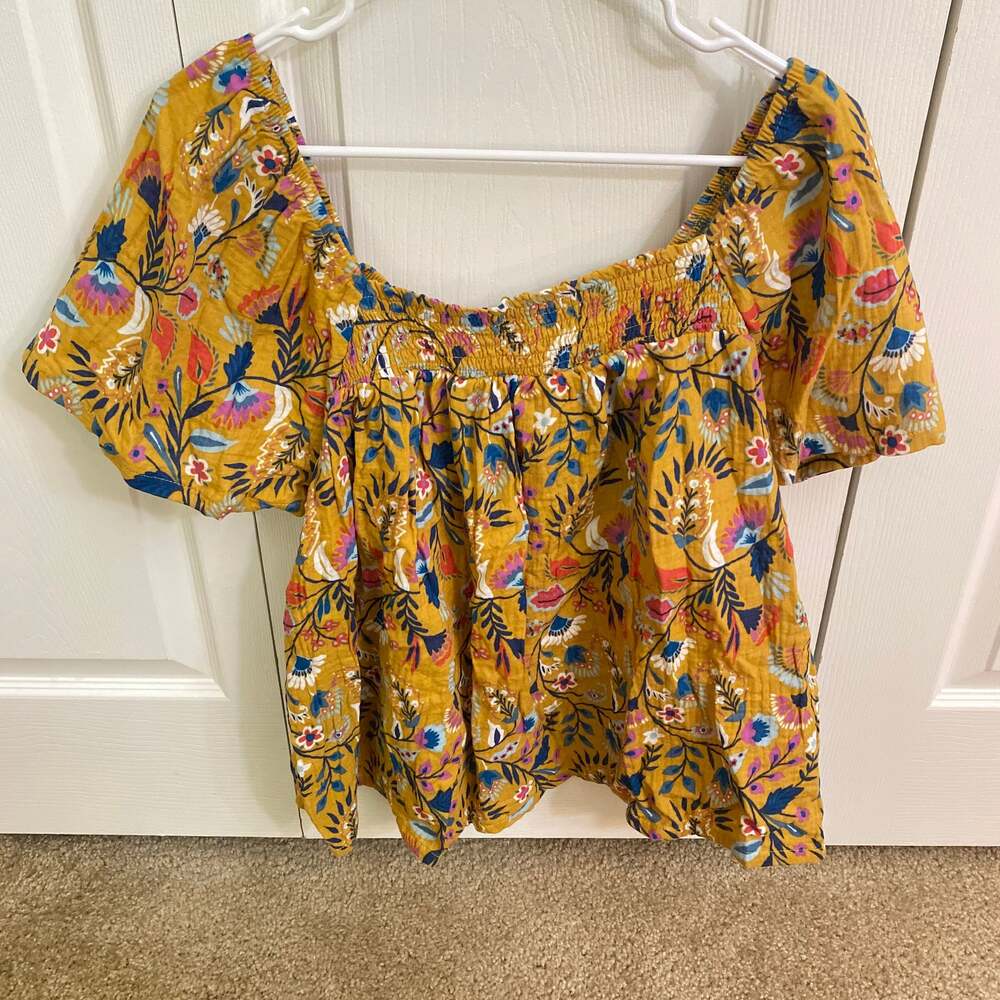 JOYSPUN WARM GOLD FLORAL Gauze Short Sleeve Square Neck Peasant Top Size XL